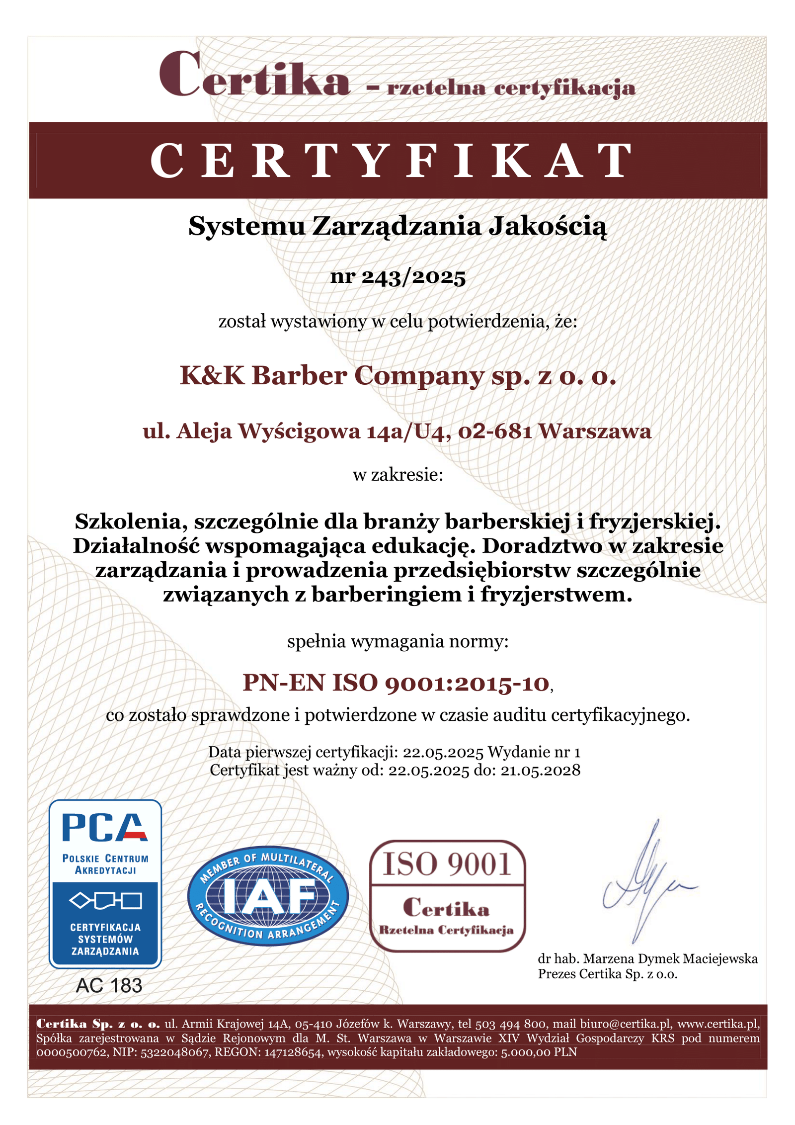 Certyfikat K&K Barber Academy