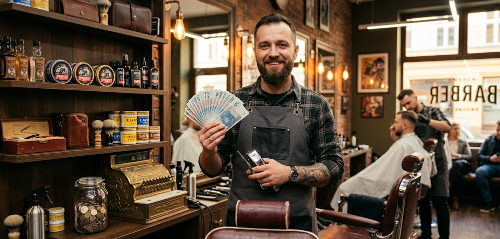 Uśmiechnięty, brodaty barber w nowoczesnym salonie fryzjerskim, trzymający wachlarz banknotów 100 PLN oraz maszynkę do strzyżenia, na tle drewnianych półek z kosmetykami do brody i fotela barberskiego