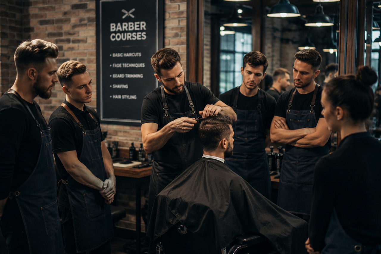 Realistyczna grafika przedstawiająca kurs barberski w nowoczesnym salonie, gdzie instruktor pokazuje technikę strzyżenia klienta grupie uczestników szkolenia, z widocznymi stanowiskami fryzjerskimi, lustrami i profesjonalnymi narzędziami barberskimi.
