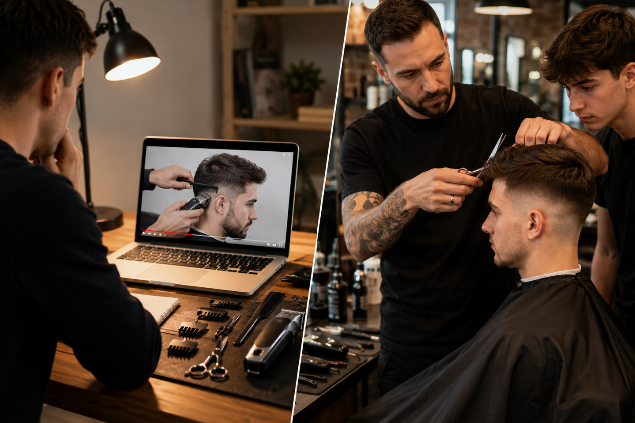 Realistyczna grafika przedstawiająca porównanie kursu fryzjerskiego męskiego online i stacjonarnego, z nauką strzyżenia na laptopie po jednej stronie oraz praktycznym szkoleniem w barber shopie po drugiej, z widocznymi narzędziami fryzjerskimi, instruktorem i modelem podczas strzyżenia.